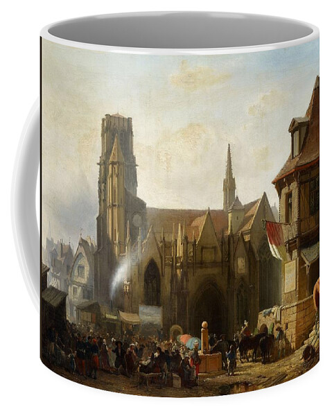 Albert Schwendy Coffee Mug featuring the painting Town Fair by a Gothic Church in France by MotionAge Designs