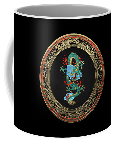 'treasure Trove' Collection By Serge Averbukh Coffee Mug featuring the digital art Treasure Trove - Turquoise Dragon over Black Velvet by Serge Averbukh