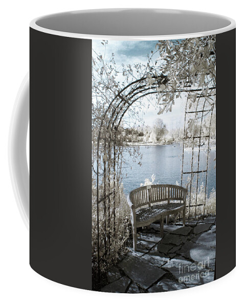 Crystal_nederman Coffee Mug featuring the photograph Trellis Bench in Infrared by Crystal Nederman