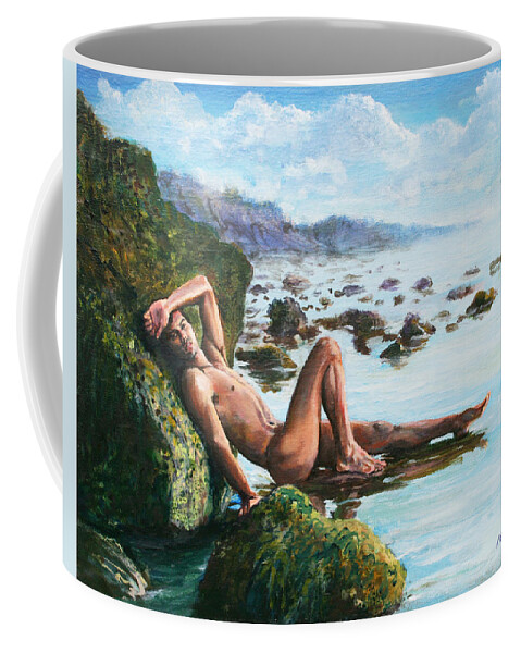 Beach Coffee Mug featuring the painting Trevor on the Beach by Marc DeBauch
