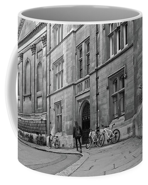 Cambridge Coffee Mug featuring the photograph Trinity Lane Clare College Great Hall in Black and White by Gill Billington