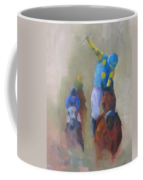 American Pharoah Coffee Mug featuring the painting Triple Crown 2015 by Susan Richardson
