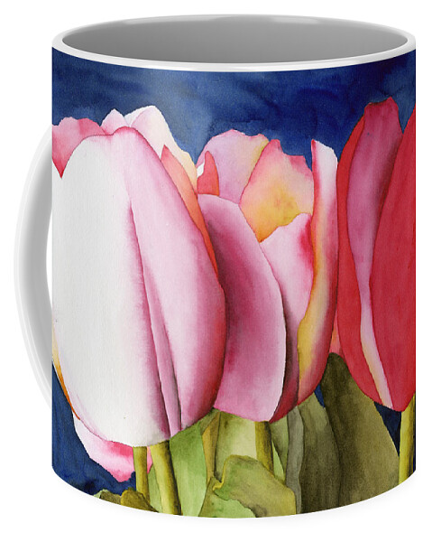 Watercolor Coffee Mug featuring the painting Triple Tulips by Ken Powers