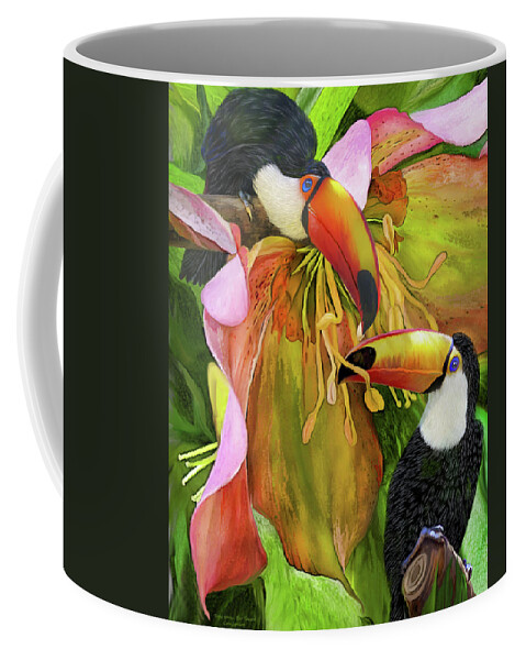 Carol Cavalaris Coffee Mug featuring the mixed media Tropic Spirits - Toco Toucans by Carol Cavalaris