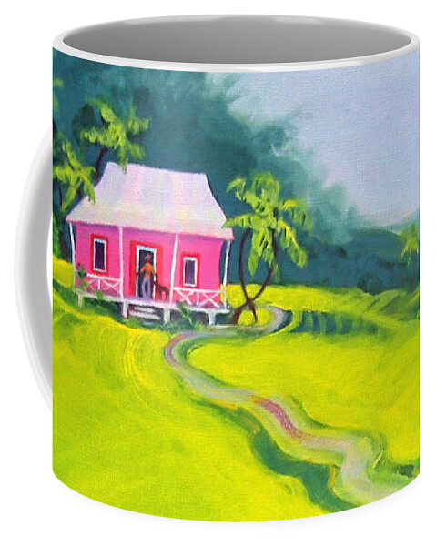Tropical House Coffee Mug featuring the painting Tropical House - Pink Paradise by Rebecca Korpita