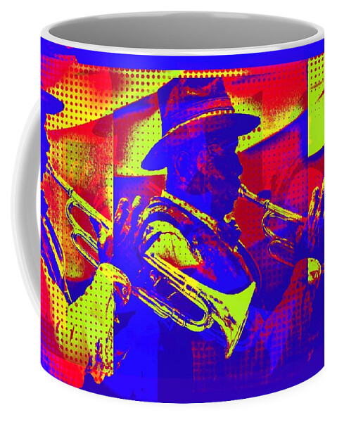 Trumpet Player Coffee Mug featuring the mixed media Trumpet player pop-art by Tatiana Travelways