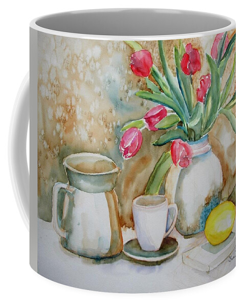 Nature Morte Avec Tulips Coffee Mug featuring the painting Tulipes by Kim PARDON
