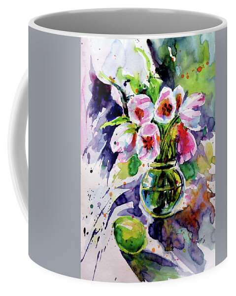 Still Life Coffee Mug featuring the painting Tulips with lemon by Kovacs Anna Brigitta