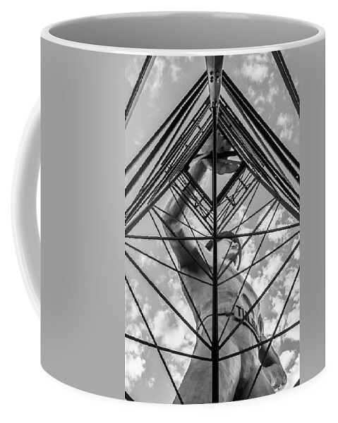 Usa Coffee Mug featuring the photograph Tulsa Driller Man in Black and White - Architectural Cityscape by Gregory Ballos