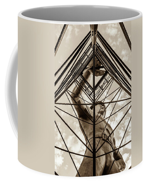Usa Coffee Mug featuring the photograph Tulsa Driller Man in Sepia - Architectural Cityscape by Gregory Ballos