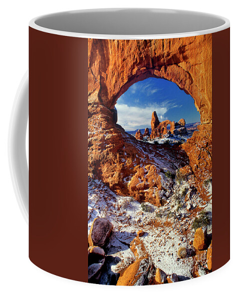 North America Coffee Mug featuring the photograph Turret Arch through North Window Arches National Park Utah by Dave Welling