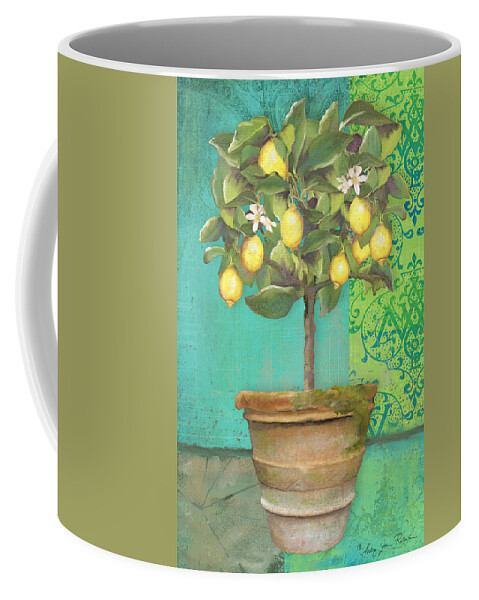 Tuscan Coffee Mug featuring the painting Tuscan Lemon Topiary - Damask Pattern 1 by Audrey Jeanne Roberts