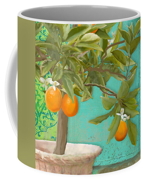 Tuscan Coffee Mug featuring the painting Tuscan Orange Topiary - Damask Pattern 3 by Audrey Jeanne Roberts