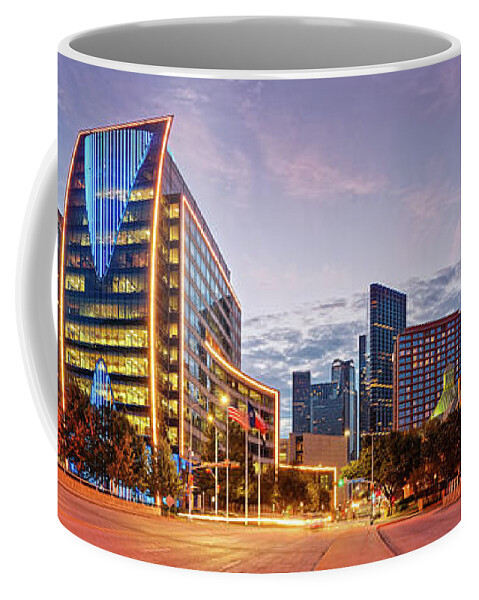 Downtown Coffee Mug featuring the photograph Twilight Panorama of Downtown Dallas Skyline - North Akard Street Dallas Texas by Silvio Ligutti