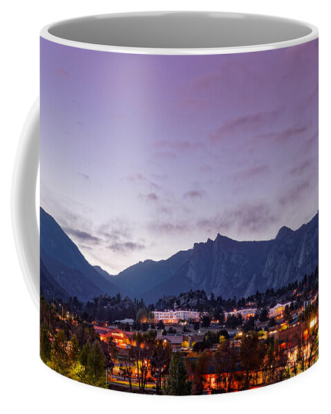 Estes Coffee Mug featuring the photograph Twilight Panorama of Estes Park, Stanley Hotel, Castle Mountain and Lumpy Ridge - Rocky Mountains by Silvio Ligutti