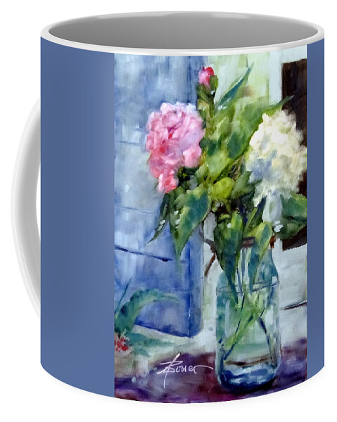 Flowers Coffee Mug featuring the painting Two Beauties and A Bud by Adele Bower