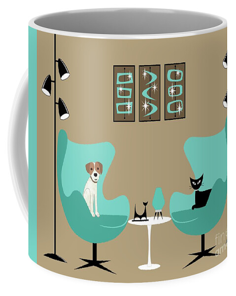 Mid Century Modern Coffee Mug featuring the digital art Two Egg Chairs with Dog and Cat by Donna Mibus