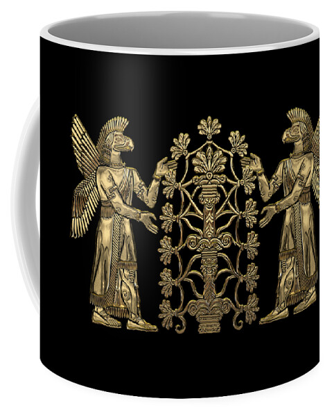 ‘treasures Of Mesopotamia’ Collection By Serge Averbukh Coffee Mug featuring the digital art Two Instances of Gold God Ninurta with Tree of Life over Black Canvas by Serge Averbukh