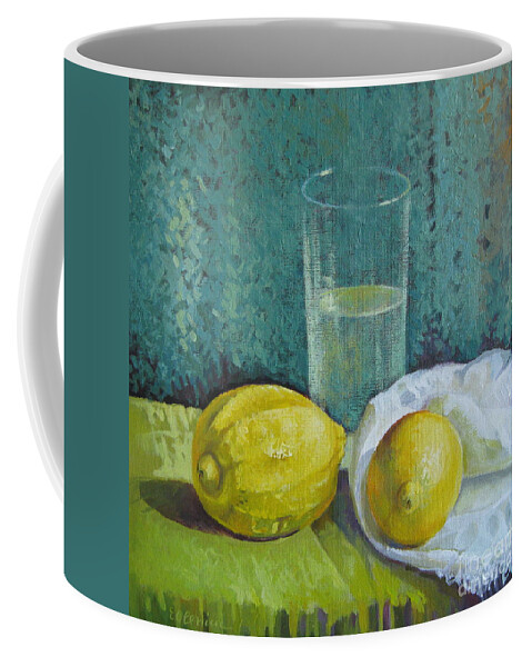 Lemons Coffee Mug featuring the painting Two lemons by Elena Oleniuc