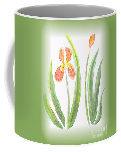 Art Coffee Mug featuring the painting Two Orange Iris green frame by Delynn Addams