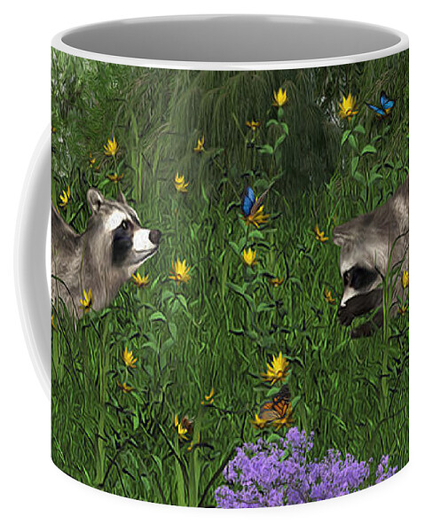 Raccoons Coffee Mug featuring the digital art Two Raccoons with butterflys by Walter Colvin