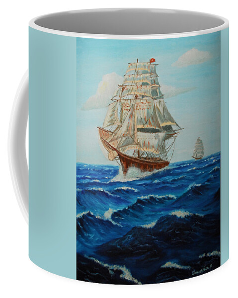 Ship Coffee Mug featuring the painting Two Ships Sailing by Quwatha Valentine