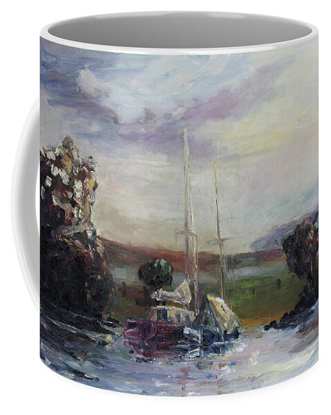 Boat Coffee Mug featuring the painting Two Tired Adventurers by Barbara Pommerenke