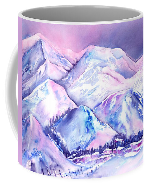 Swiss Mountains Watercolor Coffee Mug featuring the painting Typical Swiss Mountain Village by Sabina Von Arx