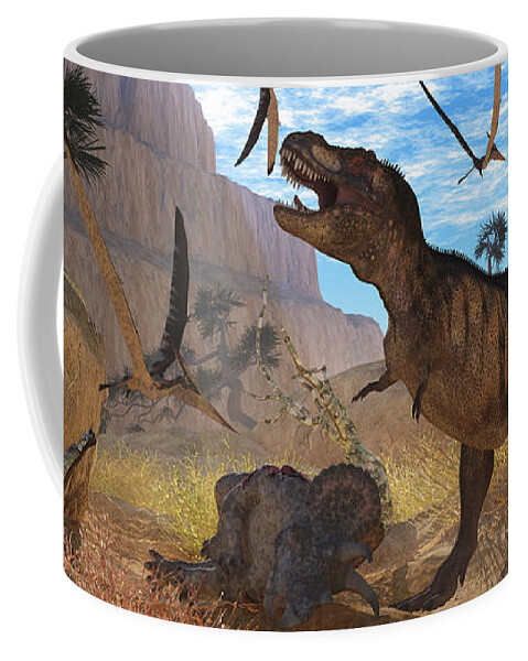 Tyrannosaurus Rex Coffee Mug featuring the painting Tyrannosaurus Meeting by Corey Ford