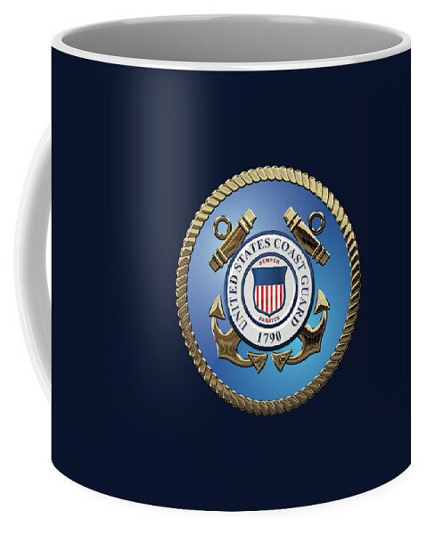 'military Insignia & Heraldry 3d' Collection By Serge Averbukh Coffee Mug featuring the digital art U. S. Coast Guard - U S C G Emblem over Blue Velvet by Serge Averbukh