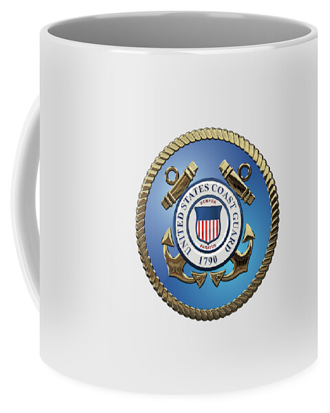 'military Insignia & Heraldry 3d' Collection By Serge Averbukh Coffee Mug featuring the digital art U. S. Coast Guard - U S C G Emblem over White Leather by Serge Averbukh