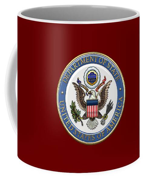 'military Insignia & Heraldry 3d' Collection By Serge Averbukh Coffee Mug featuring the digital art U. S. Department of State - DoS Emblem over Red Velvet by Serge Averbukh