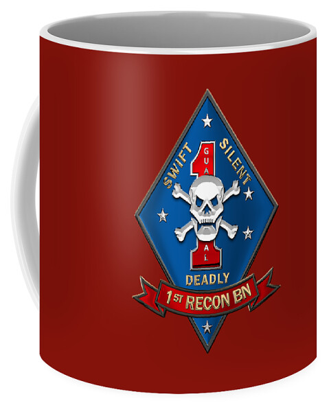 'military Insignia & Heraldry' Collection By Serge Averbukh Coffee Mug featuring the digital art U S M C 1st Reconnaissance Battalion - 1st Recon Bn Insignia over Red Velvet by Serge Averbukh