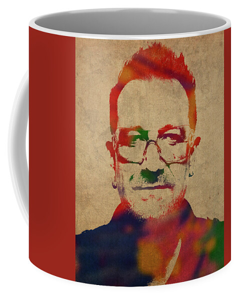Rock And Roll Coffee Mug featuring the mixed media U2 Bono Watercolor Portrait by Design Turnpike