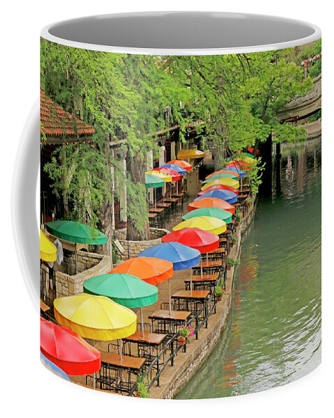San Antonio River Walk Coffee Mug featuring the photograph Umbrellas Along River Walk - San Antonio by Art Block Collections