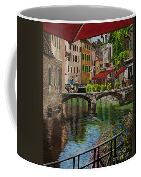 Annecy France Art Coffee Mug featuring the painting Under the Umbrella in Annecy by Charlotte Blanchard