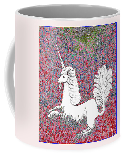 Unicorn Coffee Mug featuring the digital art Unicorn in a Red Tapestry by Lise Winne