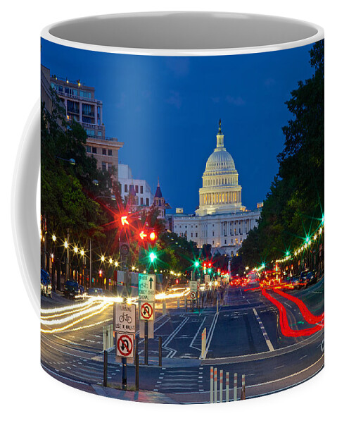 Light Streaks Coffee Mug featuring the photograph United States Capitol along Pennsylvania Avenue in Washington, D.C.  by Sam Antonio