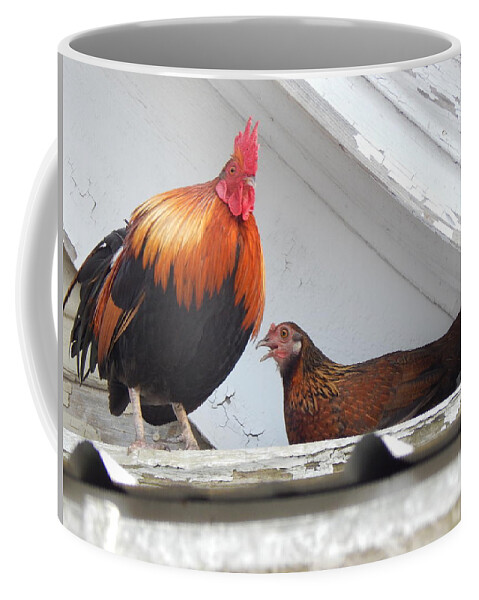 Rooster Coffee Mug featuring the photograph Up On The Roof by Jan Gelders