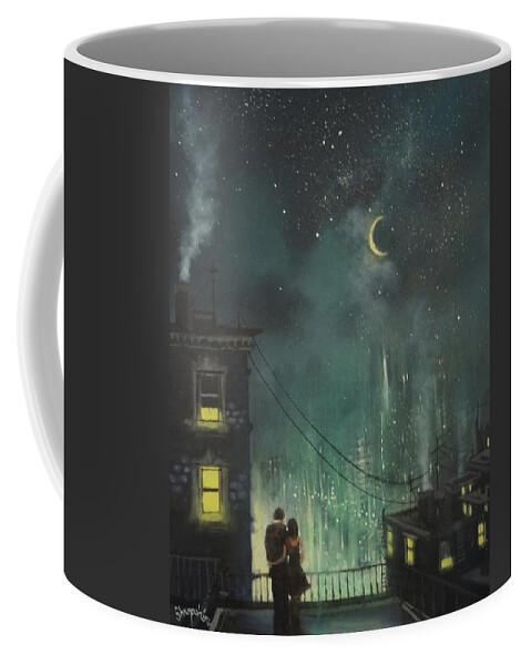 Up On The Roof; The Drifters; City Roof; Night City; Moon And Stars; Tom Shropshire Painting; City Lights; Crescent Moon; Couple On The Roof; Urban Landscape; Romance Coffee Mug featuring the painting Up On The Roof by Tom Shropshire