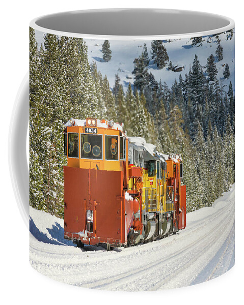 Donner Pass Coffee Mug featuring the photograph UPRR Jordan Spreaders SPMW 4030 and SPMW 4034 at Soda Springs by Jim Thompson