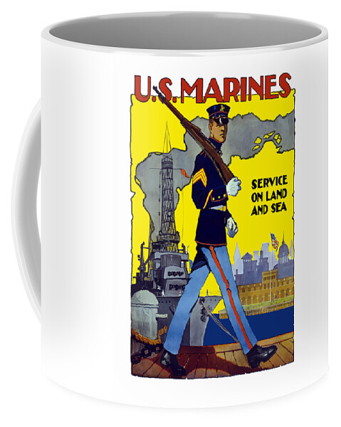Marines Coffee Mug featuring the painting U.S. Marines - Service On Land And Sea by War Is Hell Store