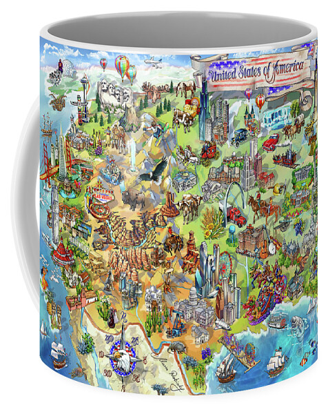 Los Angeles Coffee Mug featuring the painting USA Wonders Map Illustration by Maria Rabinky