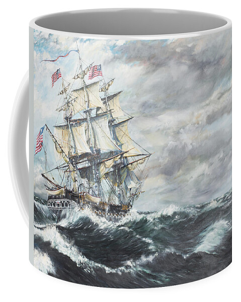 Uss Constitution Coffee Mug featuring the painting USS Constitution heads for HM Frigate Guerriere by Vincent Alexander Booth