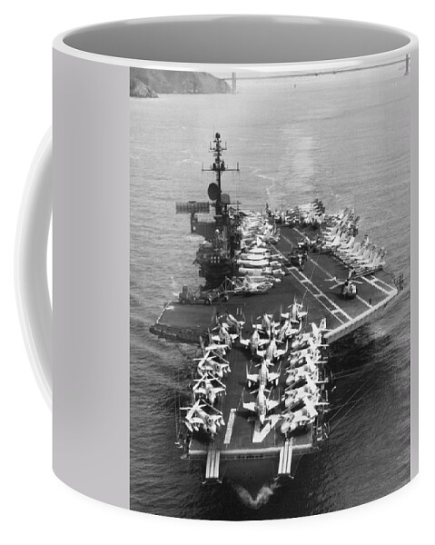 1970s Coffee Mug featuring the photograph USS MIdway Leaves SF by Underwood Archives