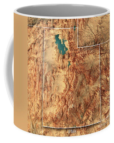 Utah Coffee Mug featuring the digital art Utah State USA 3D Render Topographic Map Border by Frank Ramspott