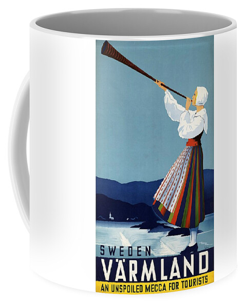 Varmland Coffee Mug featuring the mixed media Varmland, Sweden - Lady in Traditional Dress Blowing Horn - Retro travel Poster - Vintage Poster by Studio Grafiikka