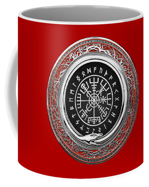 'viking Treasures' By Serge Averbukh Coffee Mug featuring the digital art Vegvisir - A Silver Magic Viking Runic Compass on Red Leather by Serge Averbukh