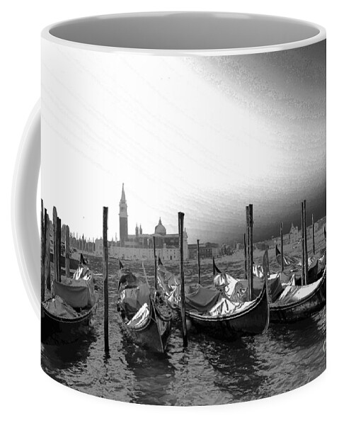 Gondolas Coffee Mug featuring the photograph Venice gondolas black and white by Rebecca Margraf