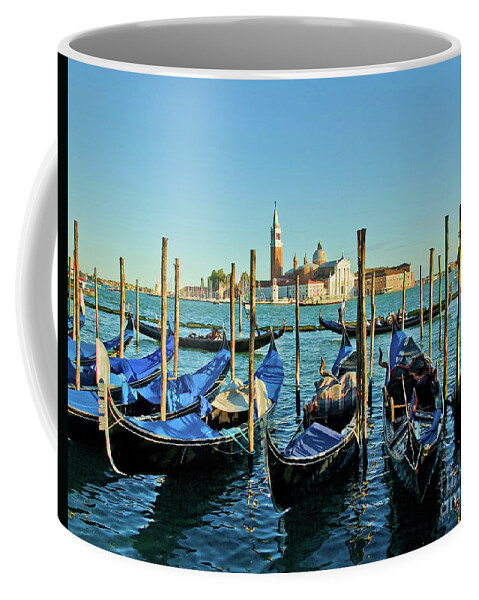 Venetian Gondolas Coffee Mug featuring the photograph Venice gondolas - evening by Maria Rabinky